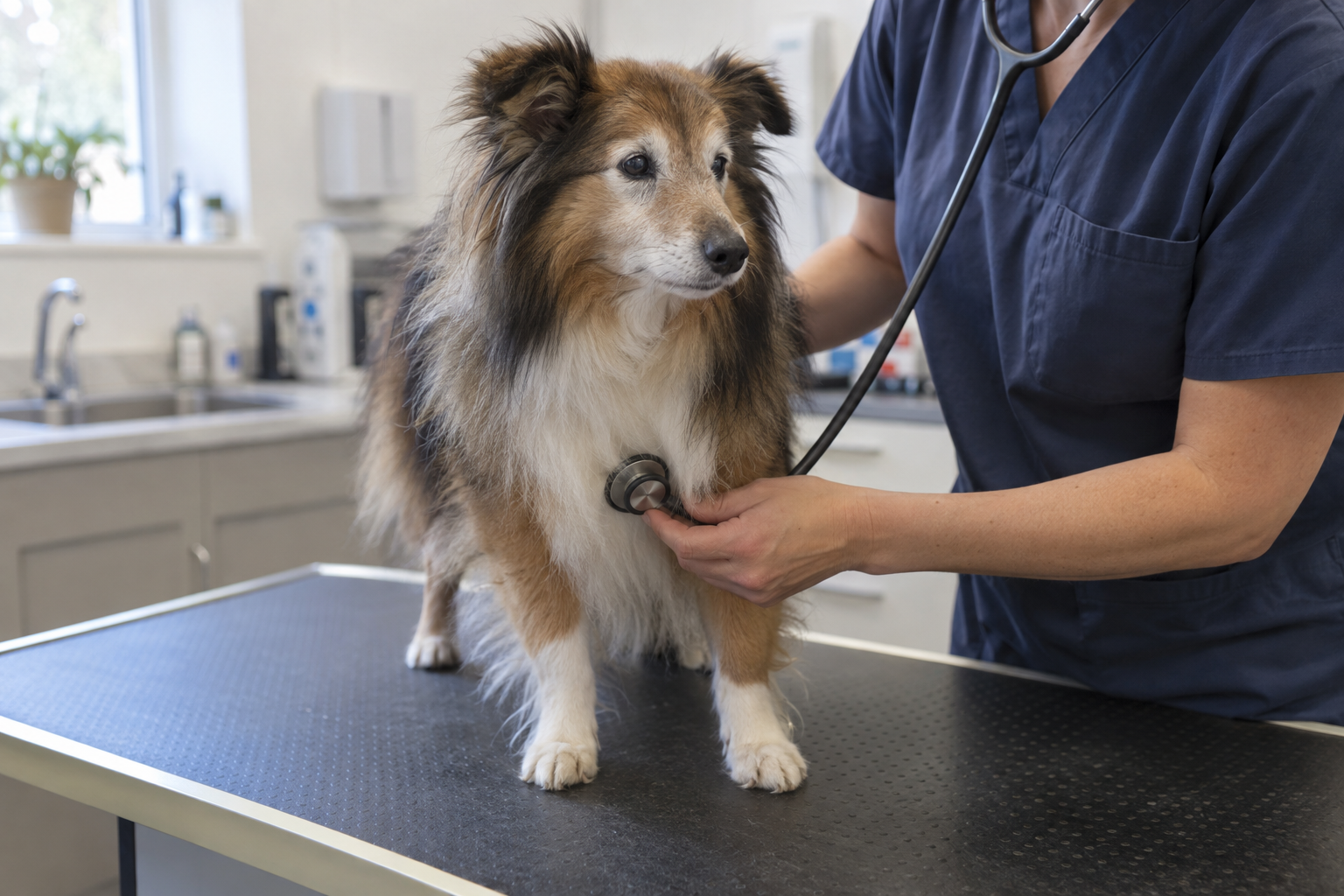 Veterinárka počúva srdce staršieho šeltieho počas preventívnej prehliadky